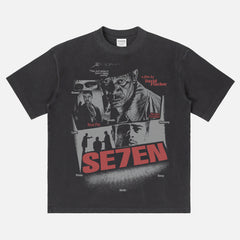Se7en David Fincher Movie graphic t-shirt with grunge streetwear movie poster on a faded black heavyweight shirt