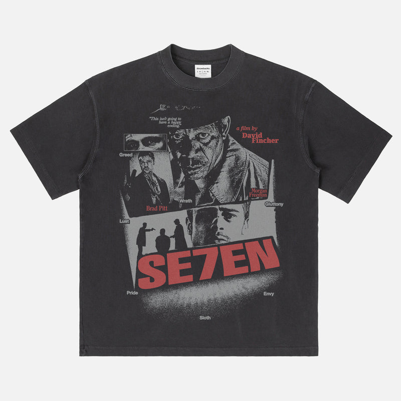 Se7en David Fincher Movie graphic t-shirt with grunge streetwear movie poster on a faded black heavyweight shirt