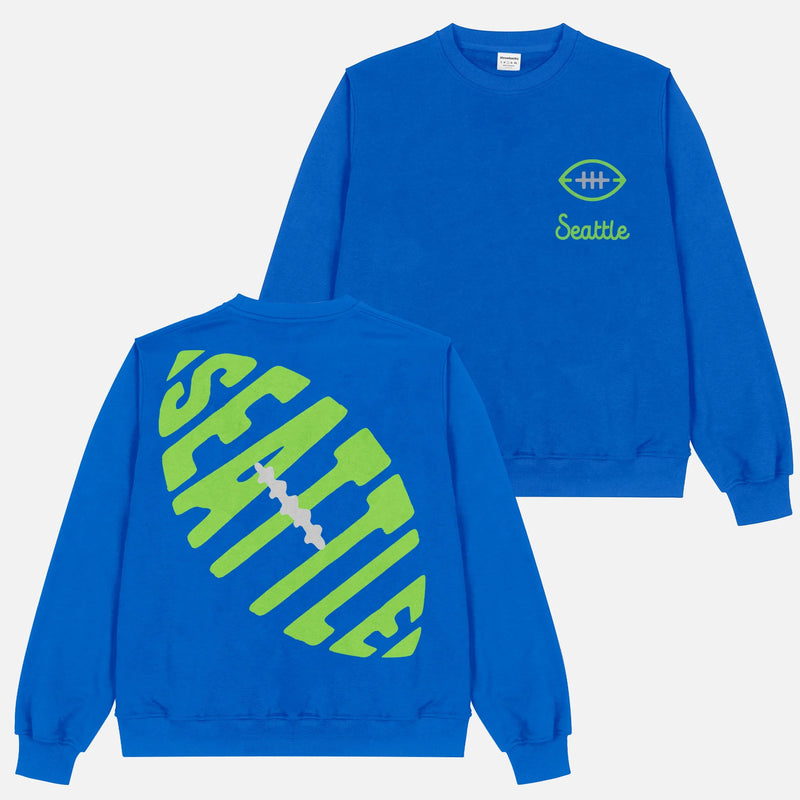 Vintage custom heavyweight Seattle Seahawks throwback colors royal blue, silver, and lime football sweatshirt with front and back print
