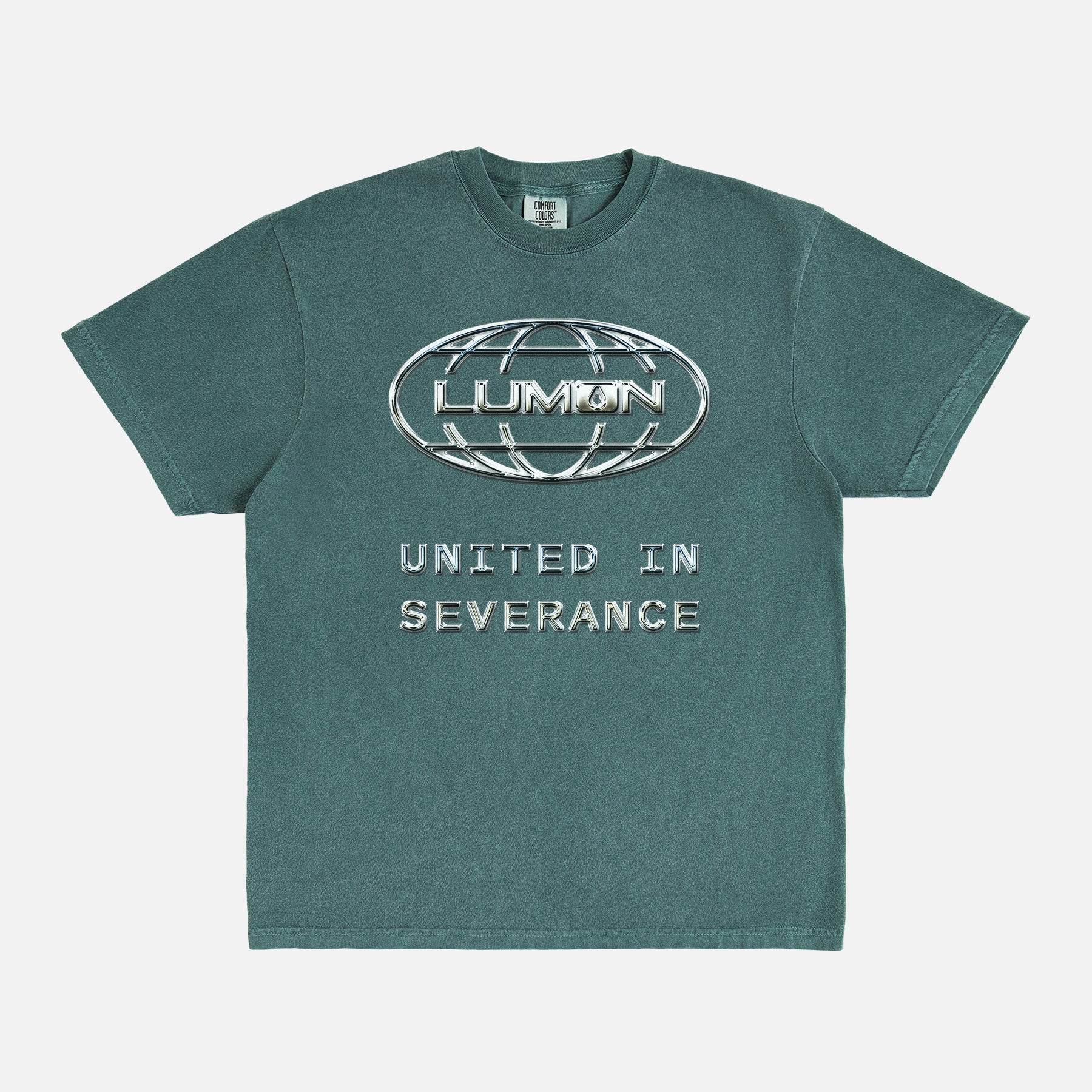 Macrodata Refinement Team at Lumon streetwear-style graphic tee featuring a custom chrome logo . Severance Apple TV Show t-shirt Printed on a faded green unsiex t-shirt 