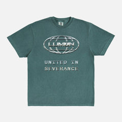 Macrodata Refinement Team at Lumon streetwear-style graphic tee featuring a custom chrome logo . Severance Apple TV Show t-shirt Printed on a faded green unsiex t-shirt 