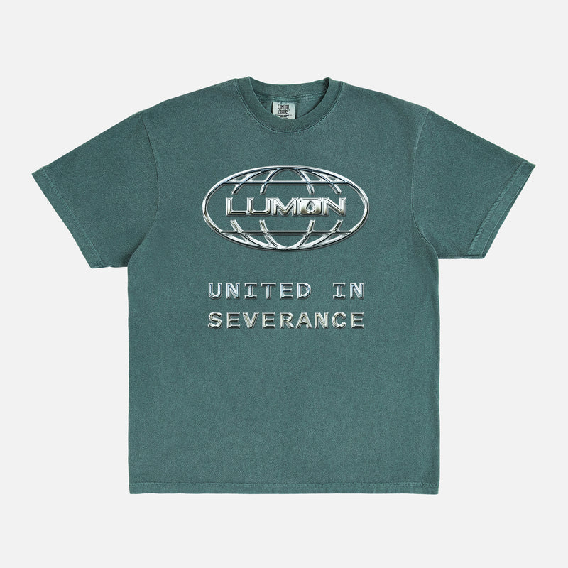 Macrodata Refinement Team at Lumon streetwear-style graphic tee featuring a custom chrome logo . Severance Apple TV Show t-shirt Printed on a faded green unsiex t-shirt 