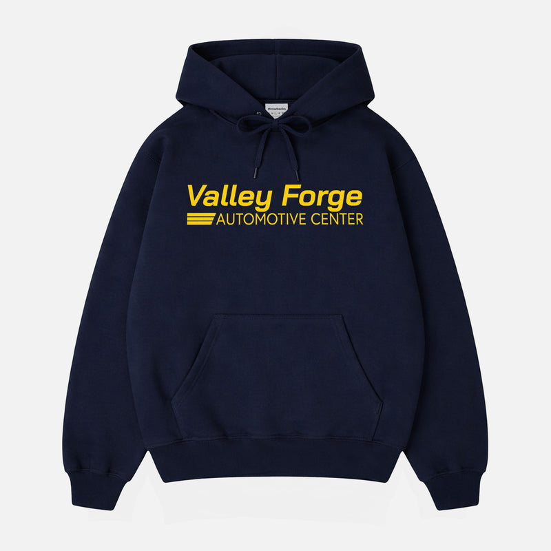 Tires TV Show Valley Forge Automotive Center Logo Hoodie, Navy hooded sweatshirt for Shane Gillis Fans