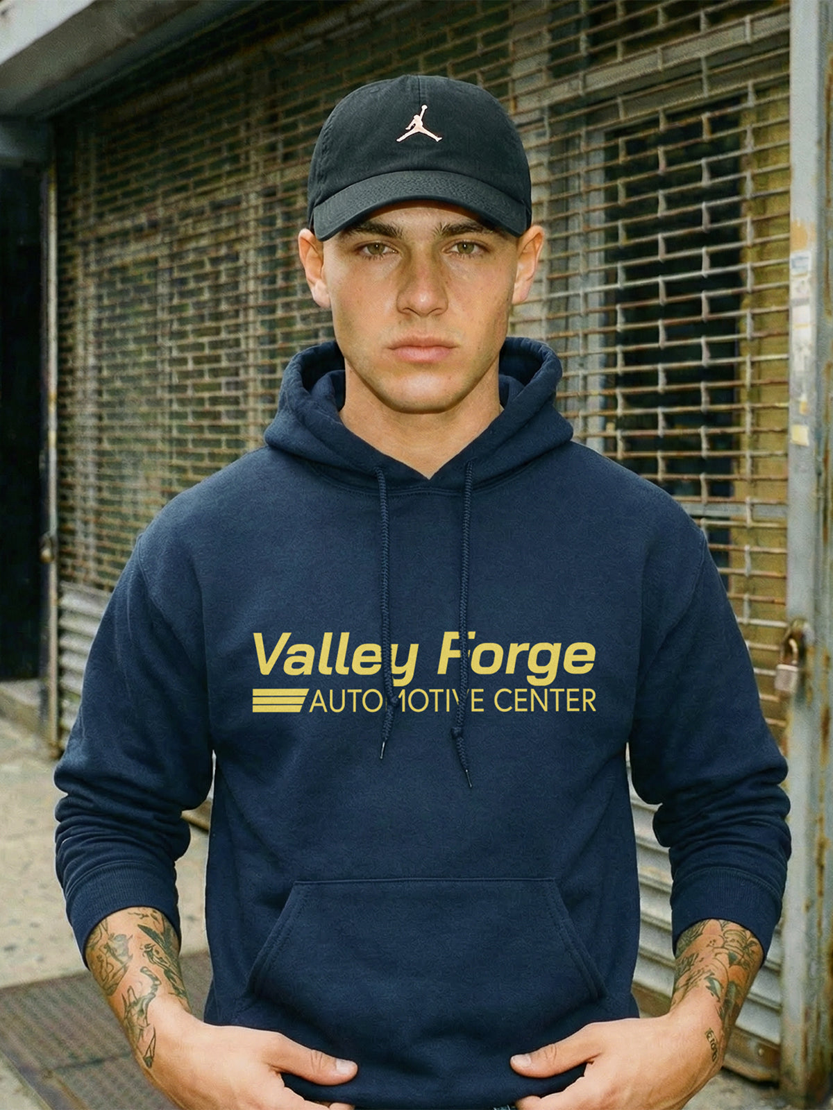 Tires TV Show Valley Forge Automotive Center Logo Hoodie, Navy hooded sweatshirt for Shane Gillis Fans