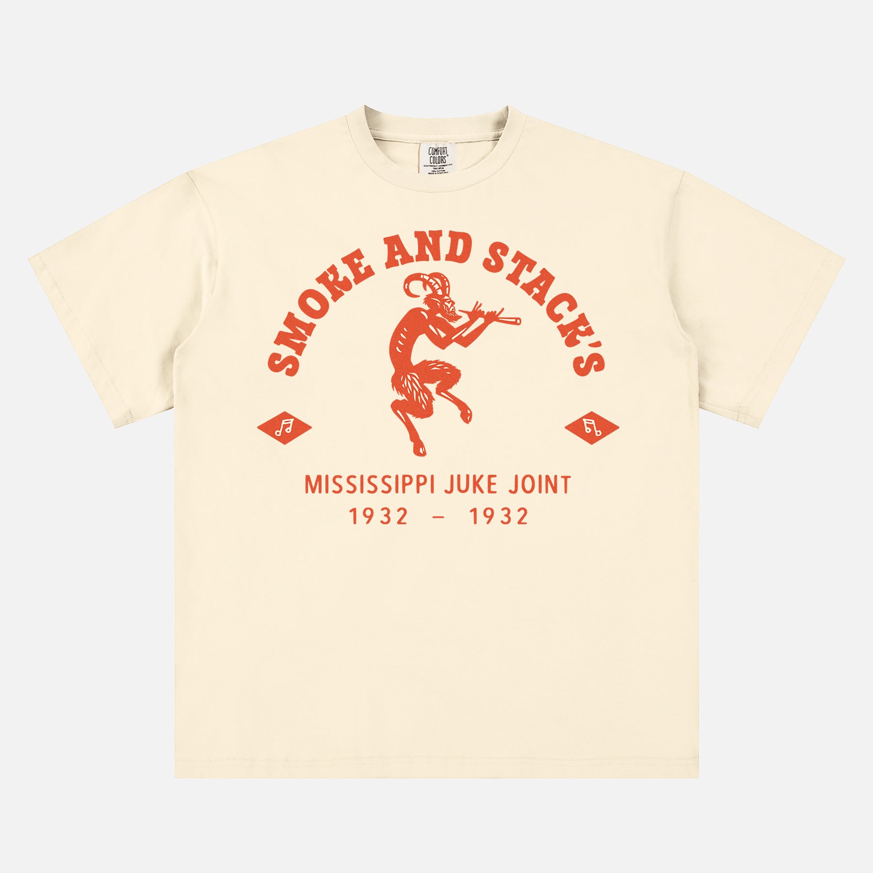 Ryan Coogler Sinners Movie t-shirt with orange Smoke and Stack's juke joint logo on an off white unisex graphic tee