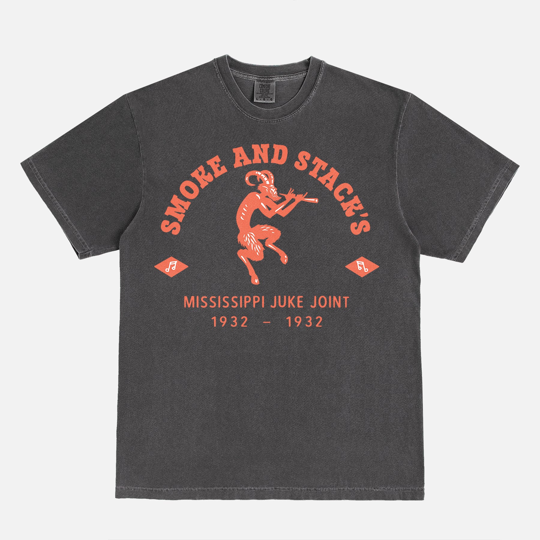 Ryan Coogler Sinners Movie t-shirt with orange Smoke and Stack's juke joint logo on a washed black unisex graphic tee