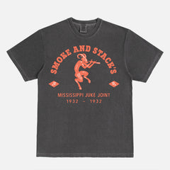 Ryan Coogler Sinners Movie t-shirt with orange Smoke and Stack's juke joint logo on a washed black unisex graphic tee
