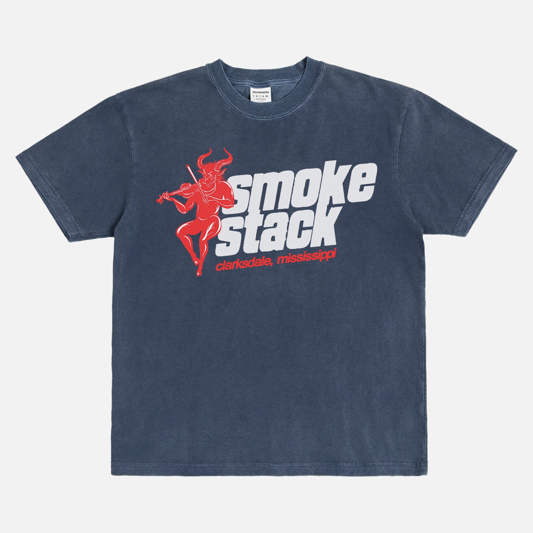 Smoke Stack Juke Joint logo t-shirt with devil music graphic and clarksdale, mississippi text on a washed navy streetwear t-shirt for Ryan Coogler Sinners movie fans