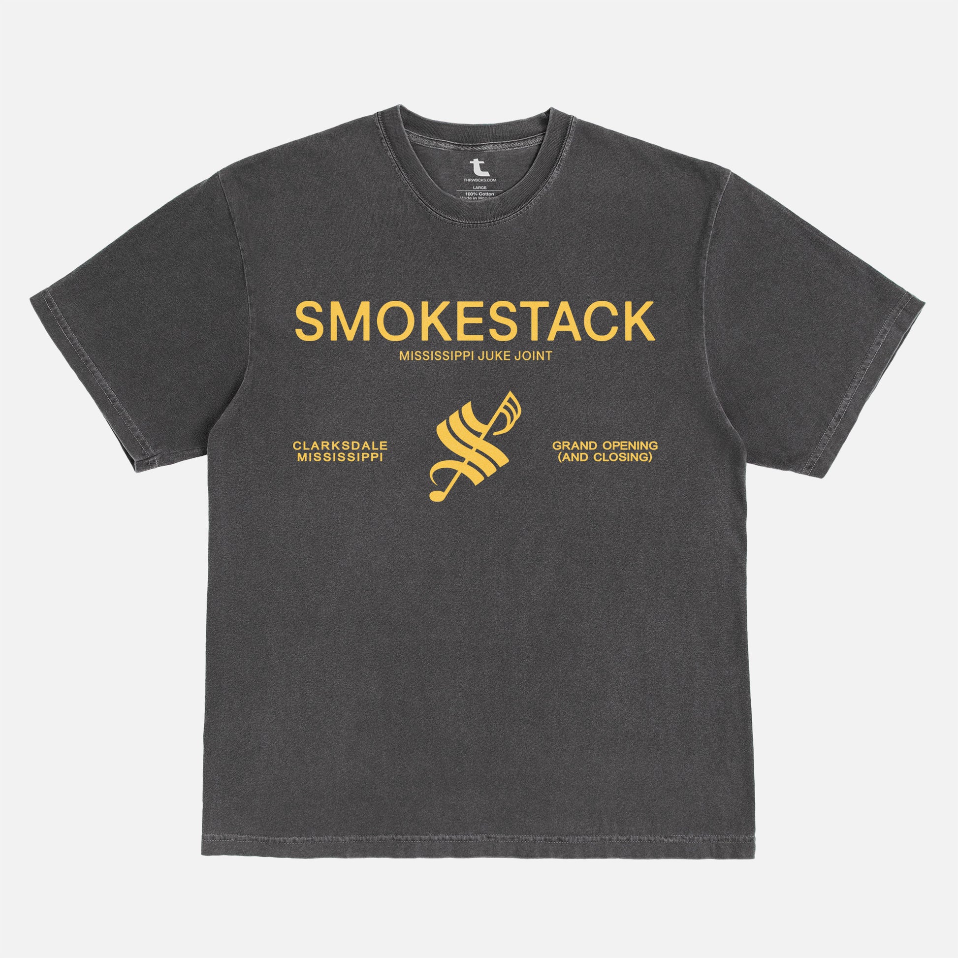 Sinners movie graphic tee, Smokestack Juke Joint mississippi inspired by Ryan Cooglers vampire movie, faded washed black with yellow logo sinners movie merch