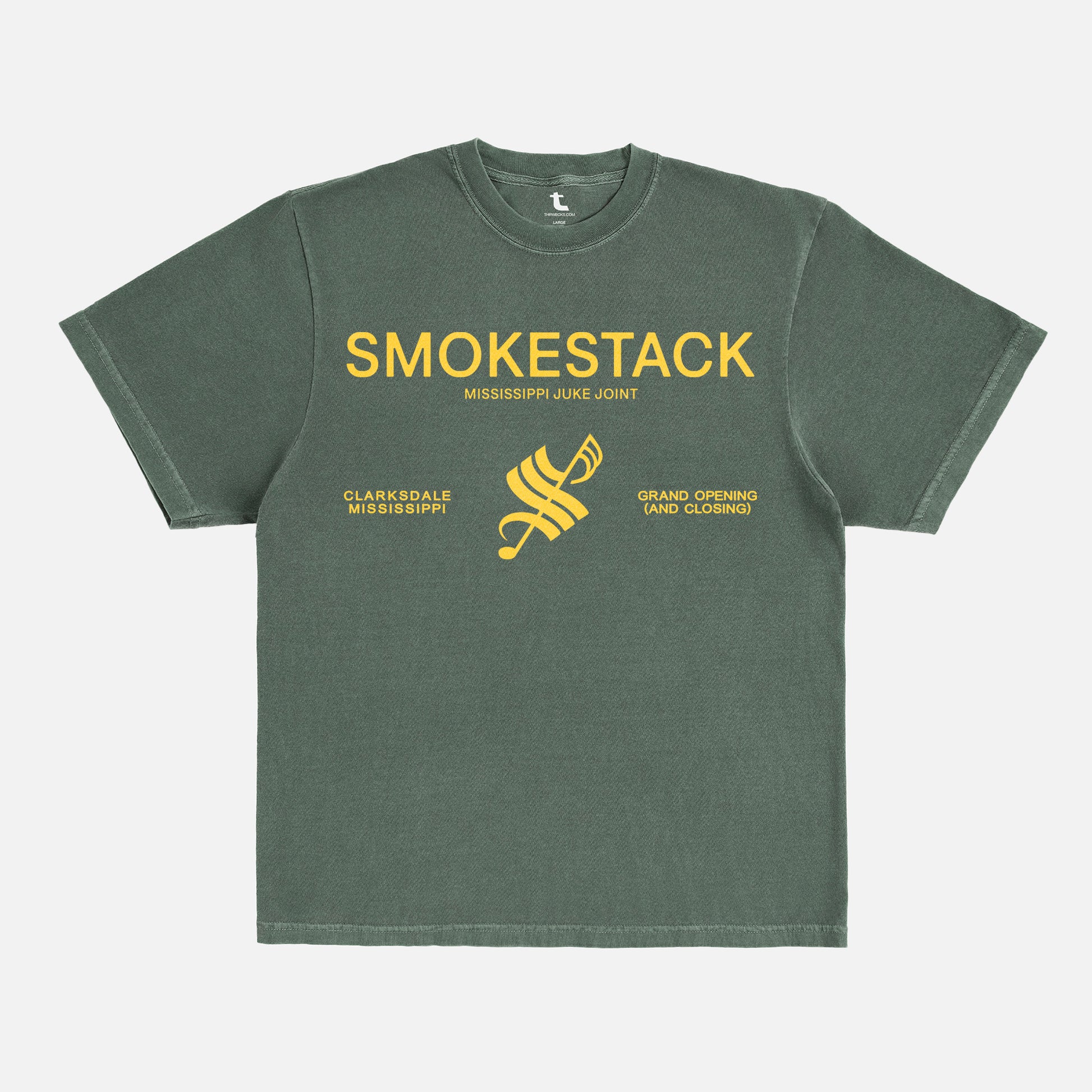 Sinners movie graphic tee, Smokestack Juke Joint mississippi inspired by Ryan Cooglers vampire movie, faded washed GREEN with yellow logo sinners movie merch