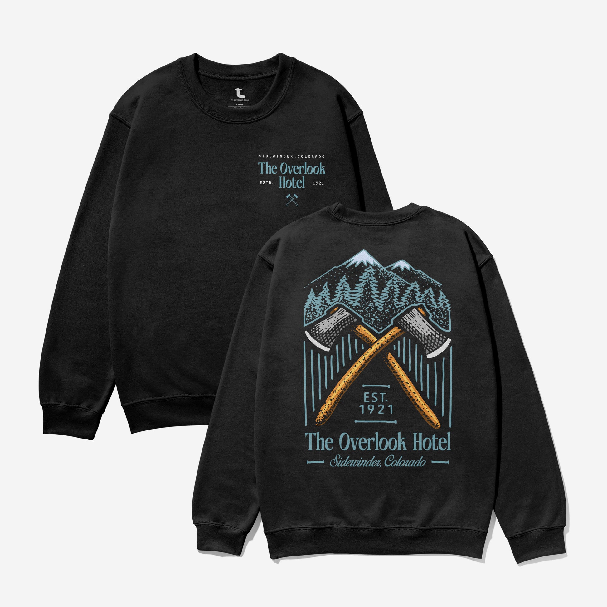 black the overlook hotel logo sweatshirt, retro stanley kubrick the shining horror movie crewneck sweatshirt apparel with front and back print 