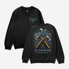black the overlook hotel logo sweatshirt, retro stanley kubrick the shining horror movie crewneck sweatshirt apparel with front and back print 