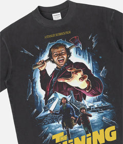 Stanley Kubrick's The Shining horror movie graphic t-shirt with custom movie poster art on a washed black heavyweight streetwear tee