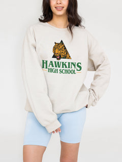 Cute unisex Retro Stranger Things Hawkins High School Tigers sweatshirt, russell athletic brand Stranger Things crewneck apparel for sale at Throwbacks