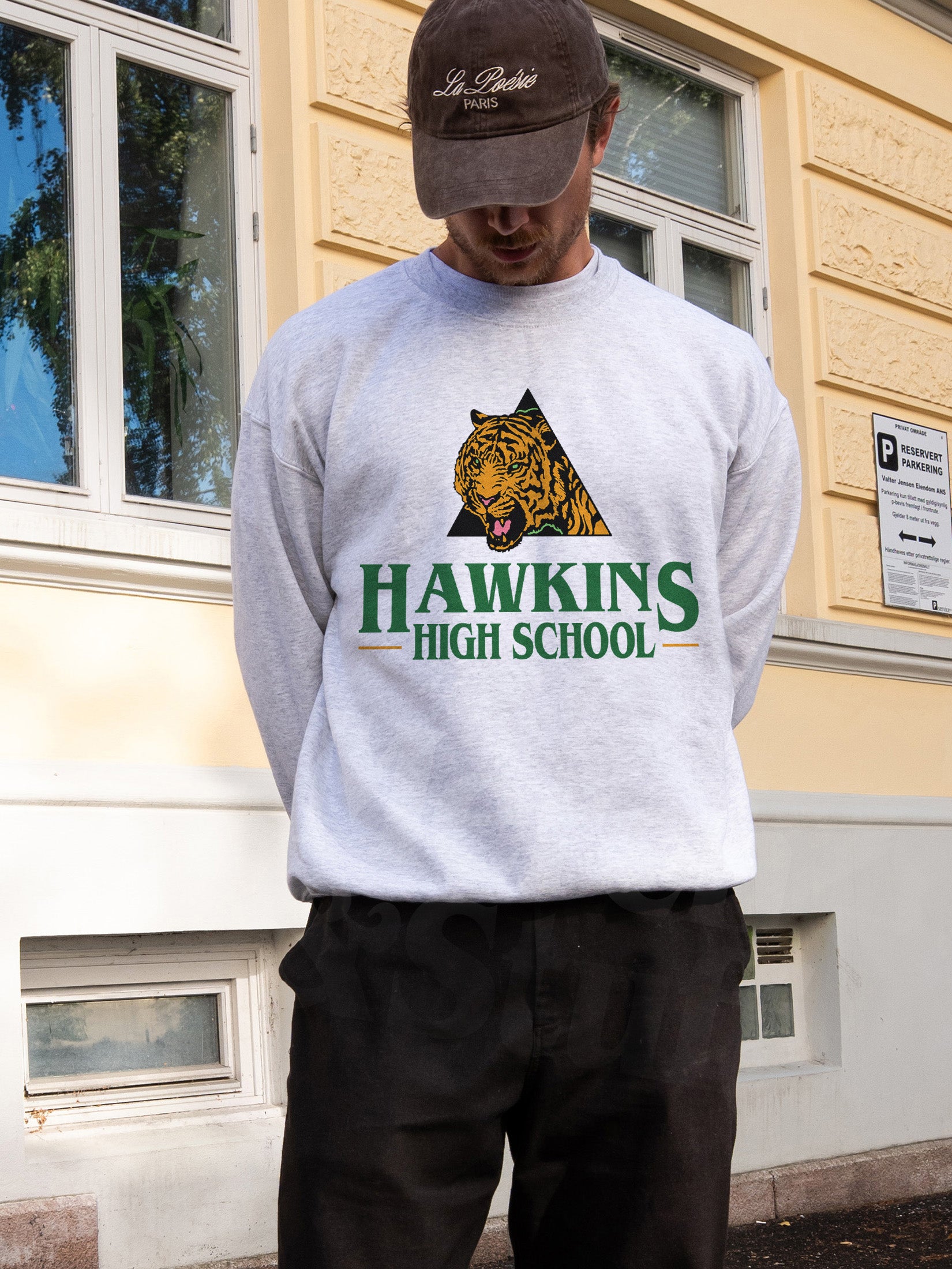 Cute unisex Retro grey Stranger Things Hawkins High School Tigers sweatshirt, russell athletic brand Stranger Things crewneck apparel for sale at Throwbacks