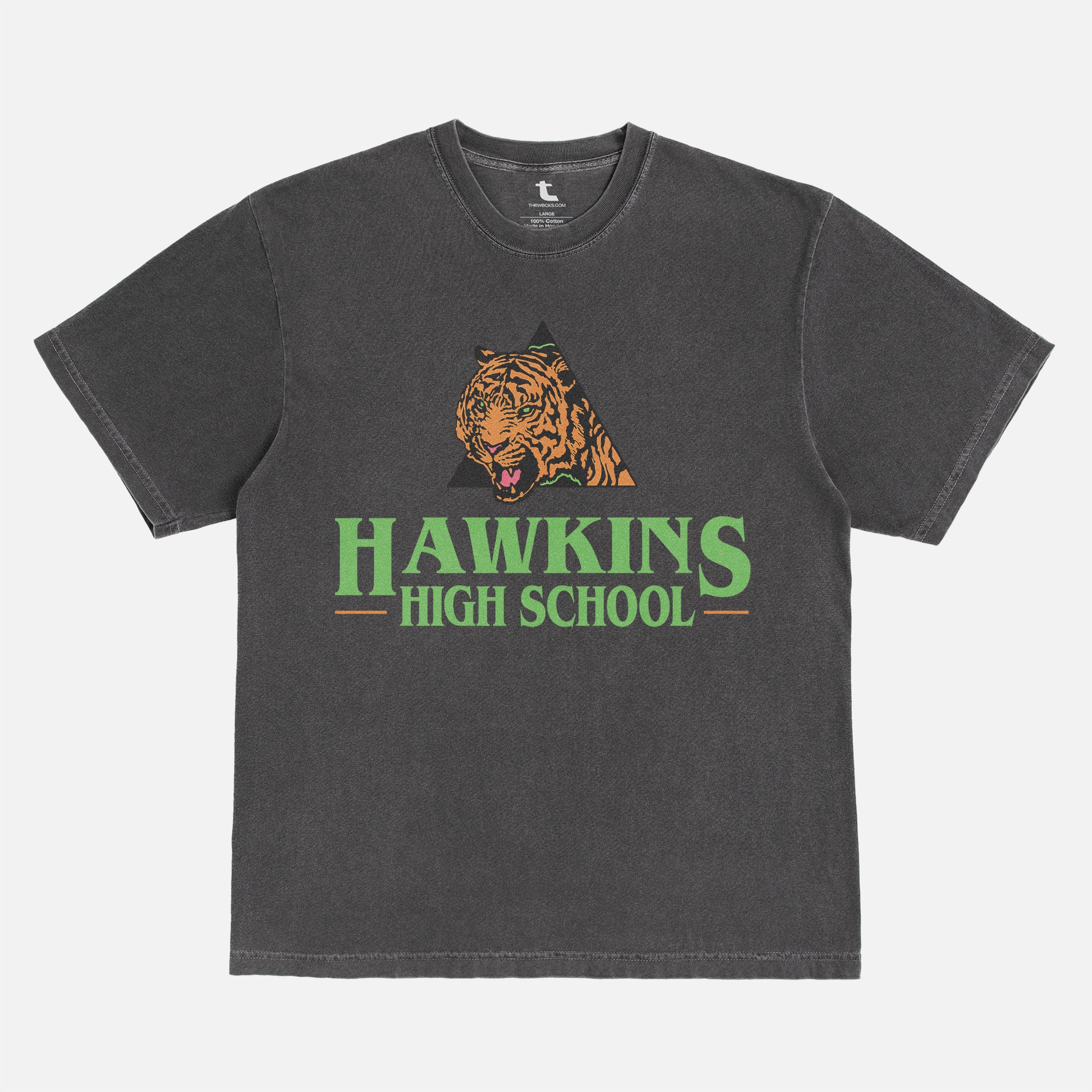 Retro Stranger Things Hawkins High School Tigers athletics graphic tee shirt, vintage faded distressed black TV show t-shirt for men and women for sale at Throwbacks