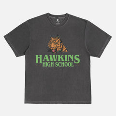 Retro Stranger Things Hawkins High School Tigers athletics graphic tee shirt, vintage faded distressed black TV show t-shirt for men and women for sale at Throwbacks
