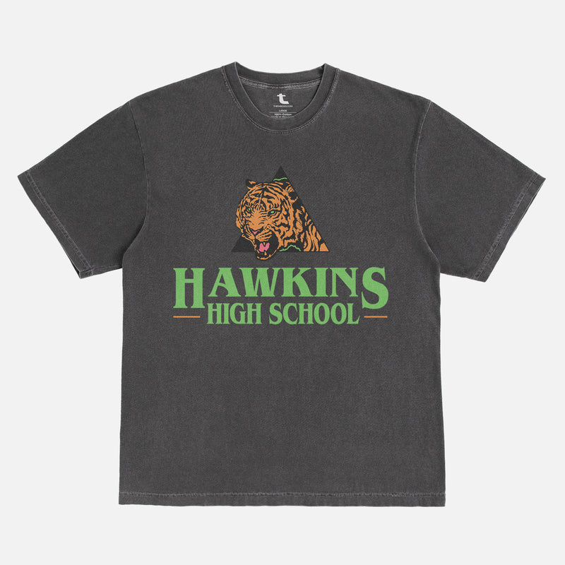 Retro Stranger Things Hawkins High School Tigers athletics graphic tee shirt, vintage faded distressed black TV show t-shirt for men and women for sale at Throwbacks