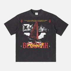 Cool streetwear style Berserk anime graphic tee with Dragonslayer and grunge manga art on a heavyweight black t-shirt