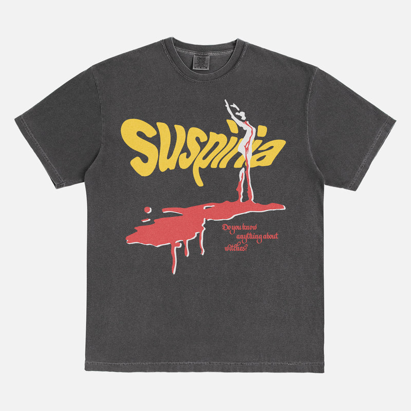 Suspiria 1977 movie poster graphic tee shirt, vintage faded black Italian horror movie t-shirt