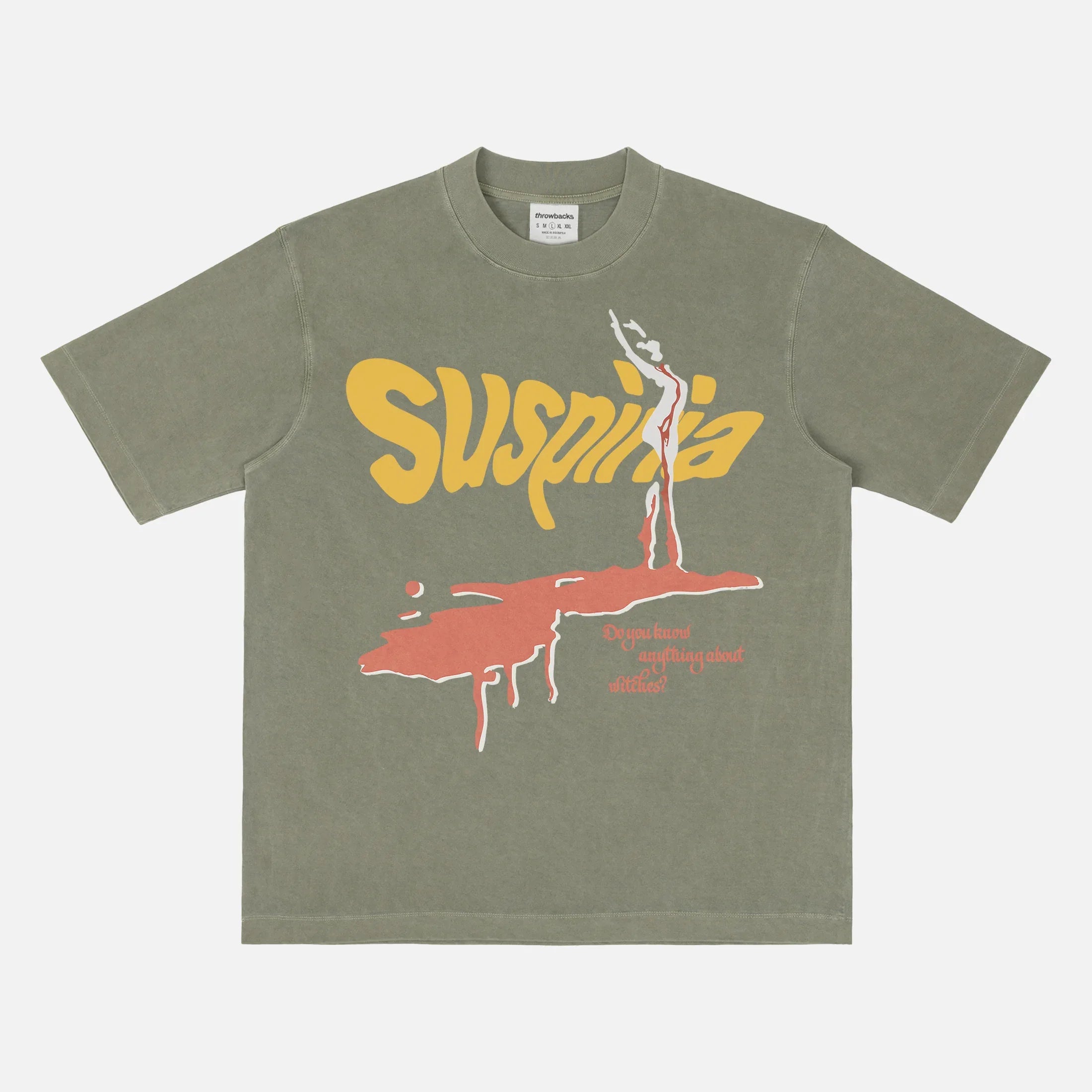 Suspiria 1977 movie poster graphic tee shirt, vintage faded washed green heavyweight Italian horror movie t-shirt