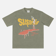 Suspiria 1977 movie poster graphic tee shirt, vintage faded washed green heavyweight Italian horror movie t-shirt