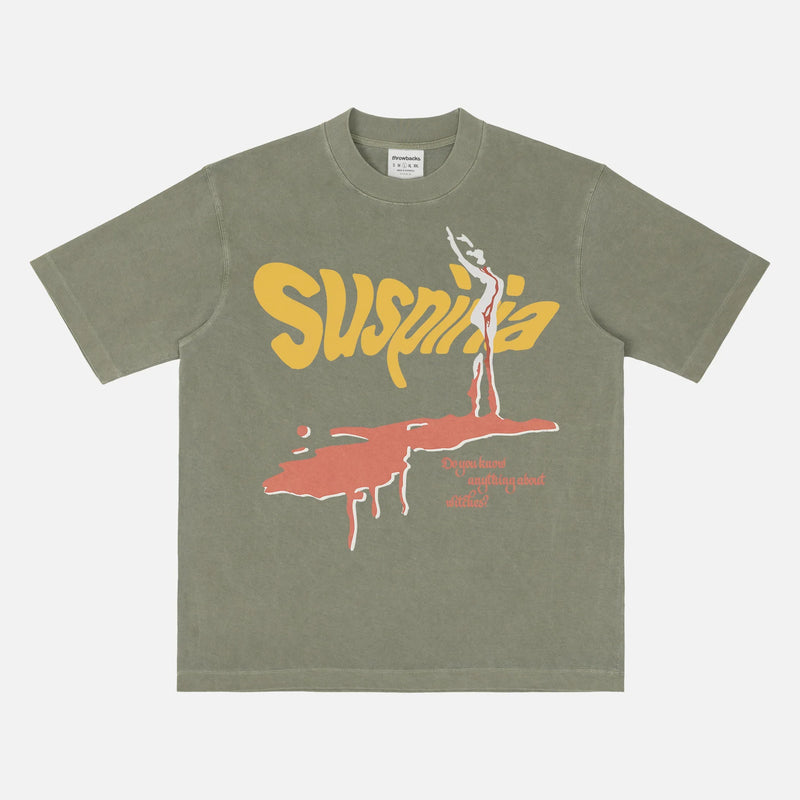 Suspiria 1977 movie poster graphic tee shirt, vintage faded washed green heavyweight Italian horror movie t-shirt