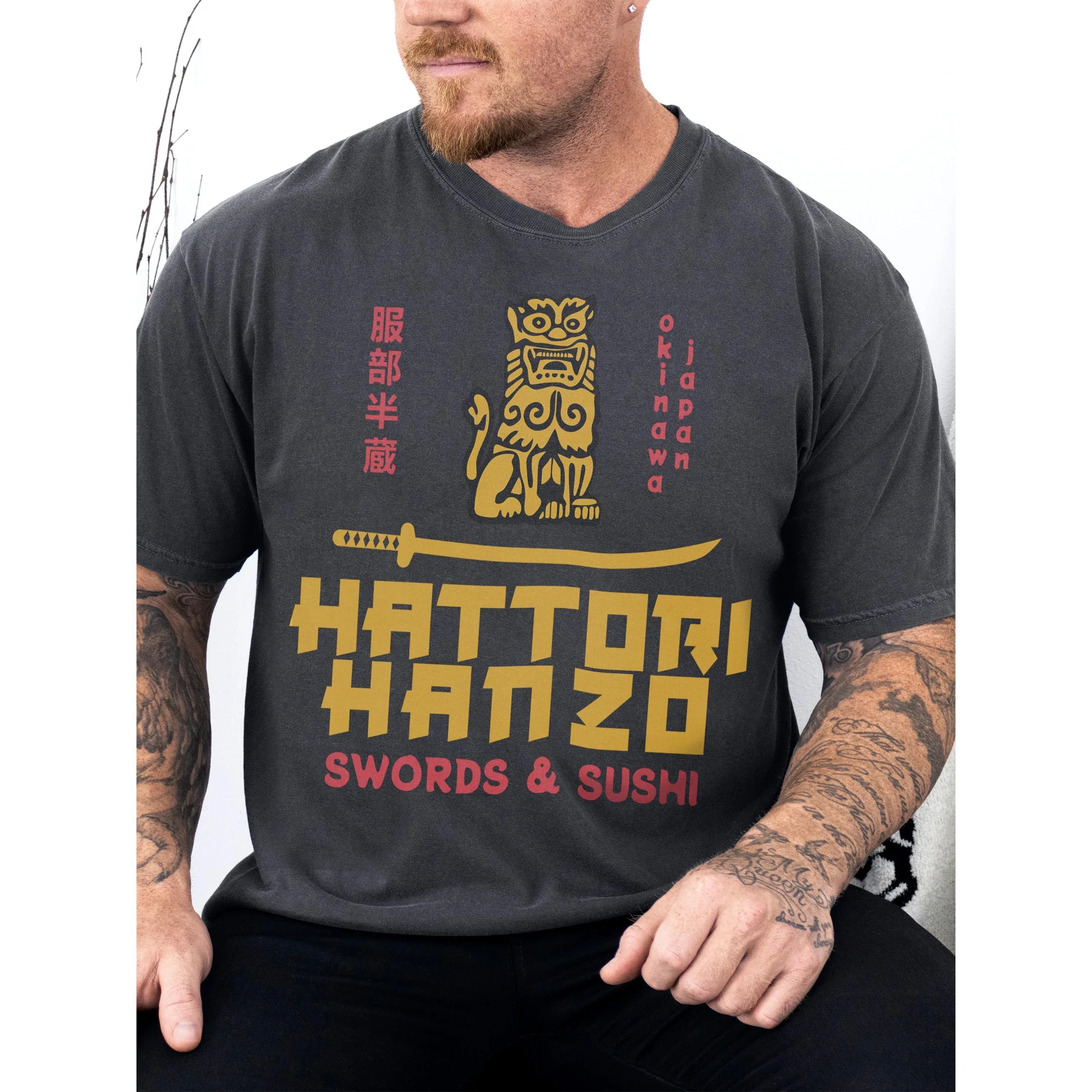 Heavyweight Kill Bill Hattori Hanzo samurai swords and sushi logo t-shirt, Quentin Tarantino Movie streetwear graphic tee for sale at Throwbacks