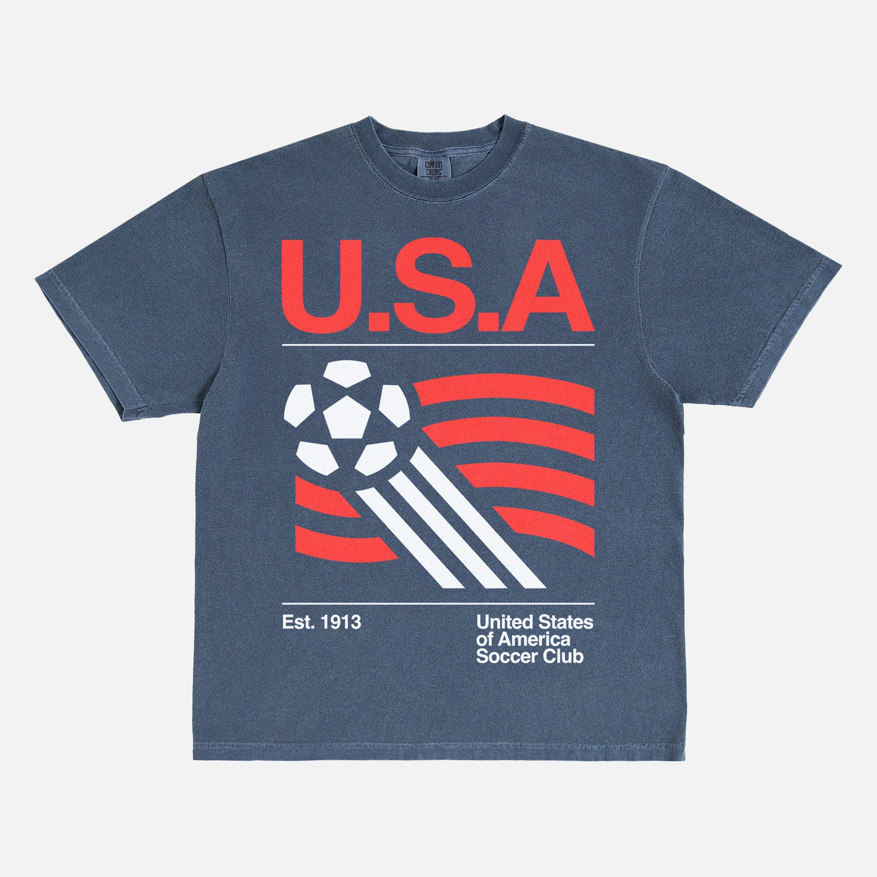 Vintage United States Soccer Team T-Shirt with 1990's World Cup graphic on a washed navy graphic tee for men and women for sale at Throwbacks