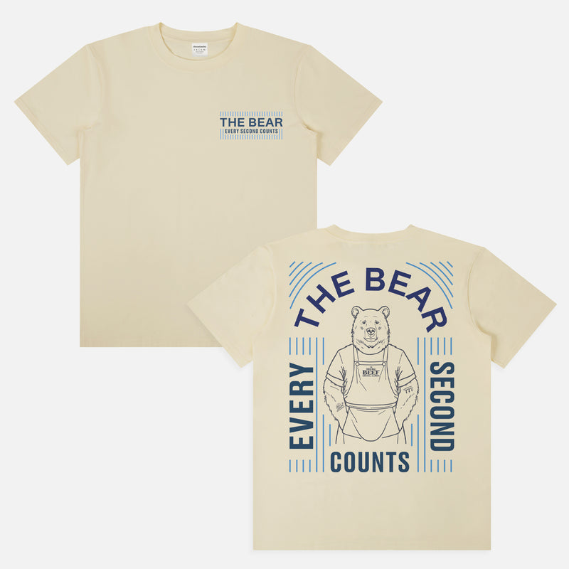 Original Beef Carmi Bear Tattoos Shirt with Every Second Counts quote and front and back print on a unisex beige t-shirt