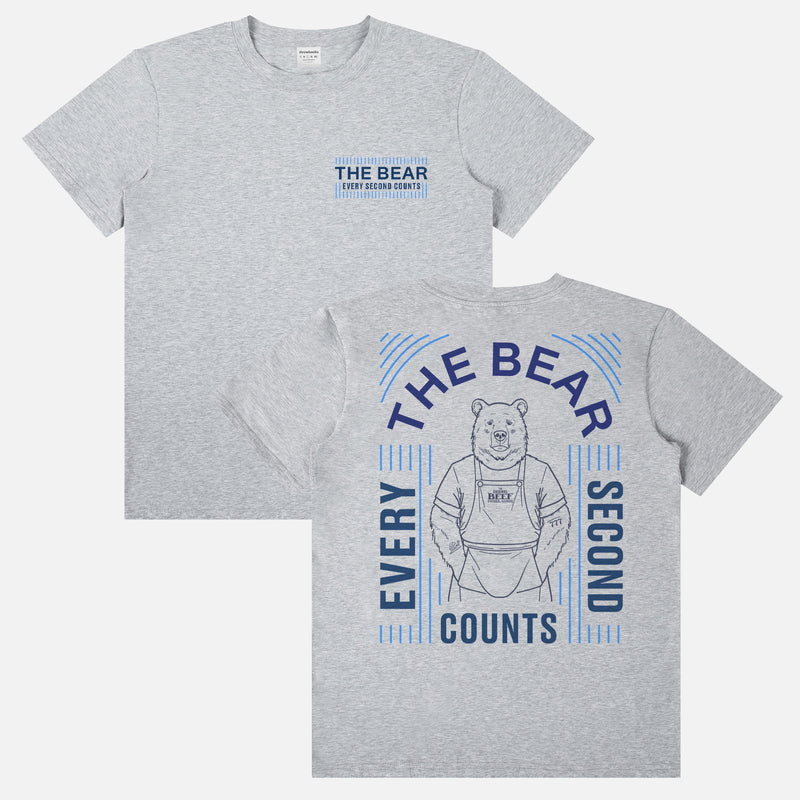 Original Beef Carmi Bear Tattoos Shirt with Every Second Counts quote and front and back print on a unisex grey t-shirt