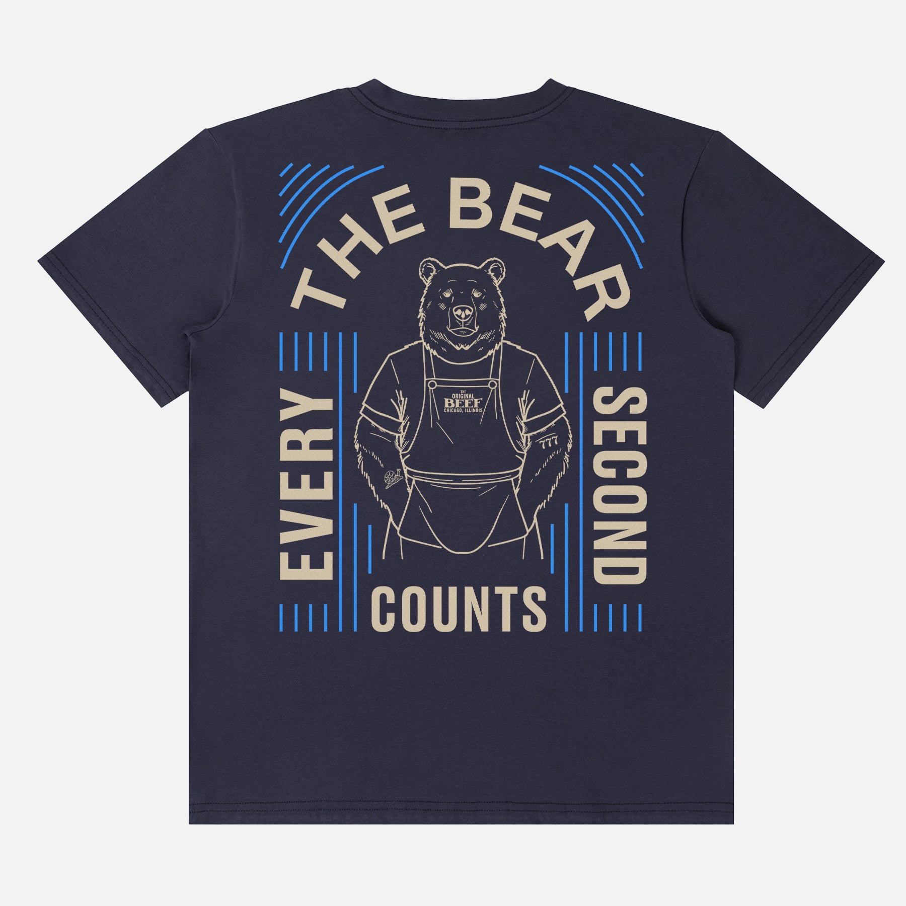 Original Beef Carmi Bear Tattoos Shirt with Every Second Counts quote and front and back print on a unisex navy t-shirt