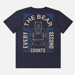 Original Beef Carmi Bear Tattoos Shirt with Every Second Counts quote and front and back print on a unisex navy t-shirt