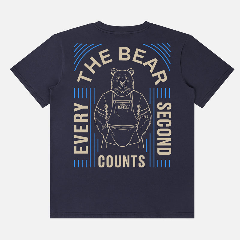 Original Beef Carmi Bear Tattoos Shirt with Every Second Counts quote and front and back print on a unisex navy t-shirt