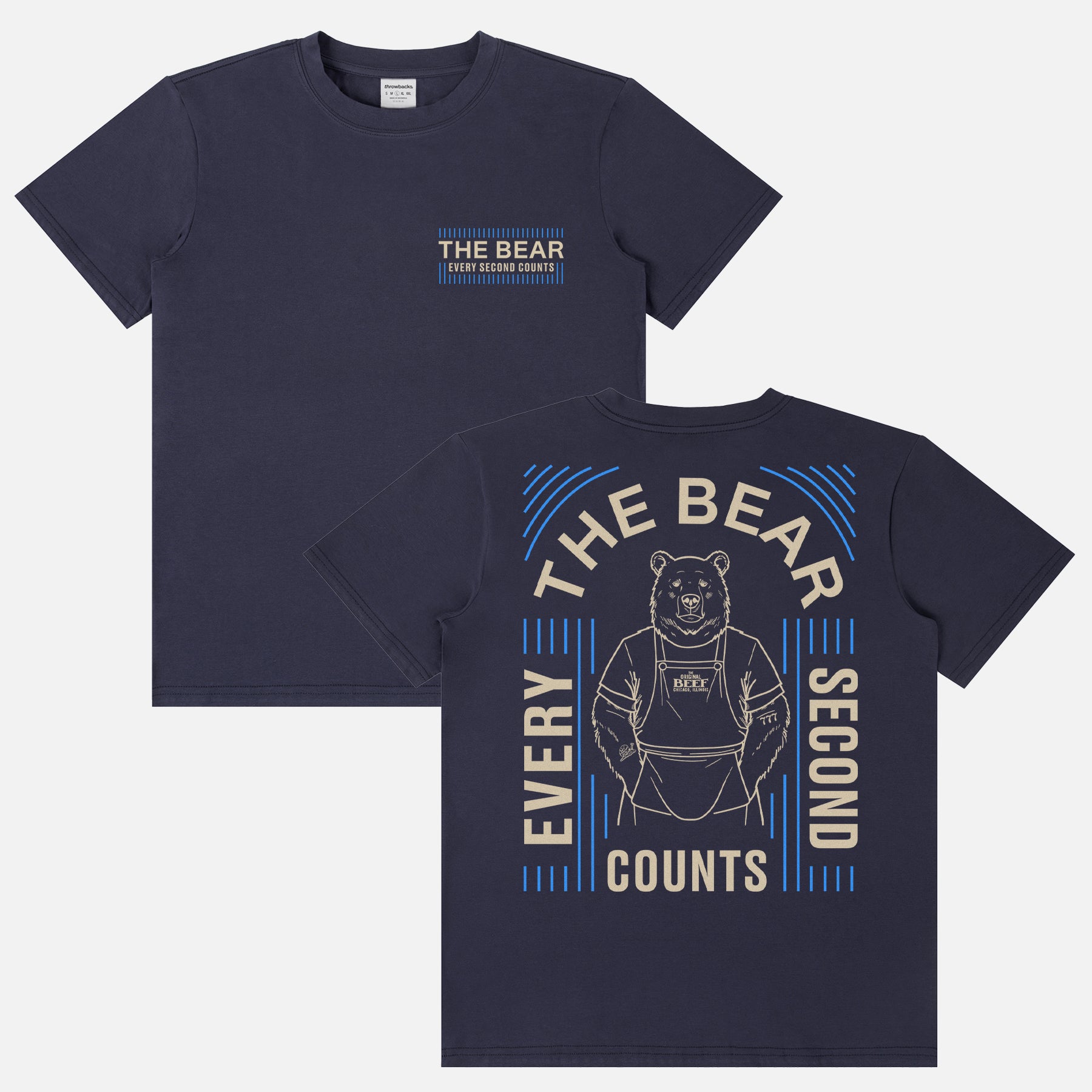 Original Beef Carmi Bear Tattoos Shirt with Every Second Counts quote and front and back print on a unisex navy t-shirt