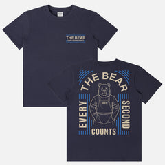 Original Beef Carmi Bear Tattoos Shirt with Every Second Counts quote and front and back print on a unisex navy t-shirt