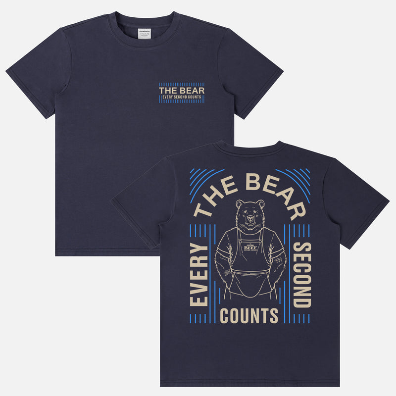Original Beef Carmi Bear Tattoos Shirt with Every Second Counts quote and front and back print on a unisex navy t-shirt