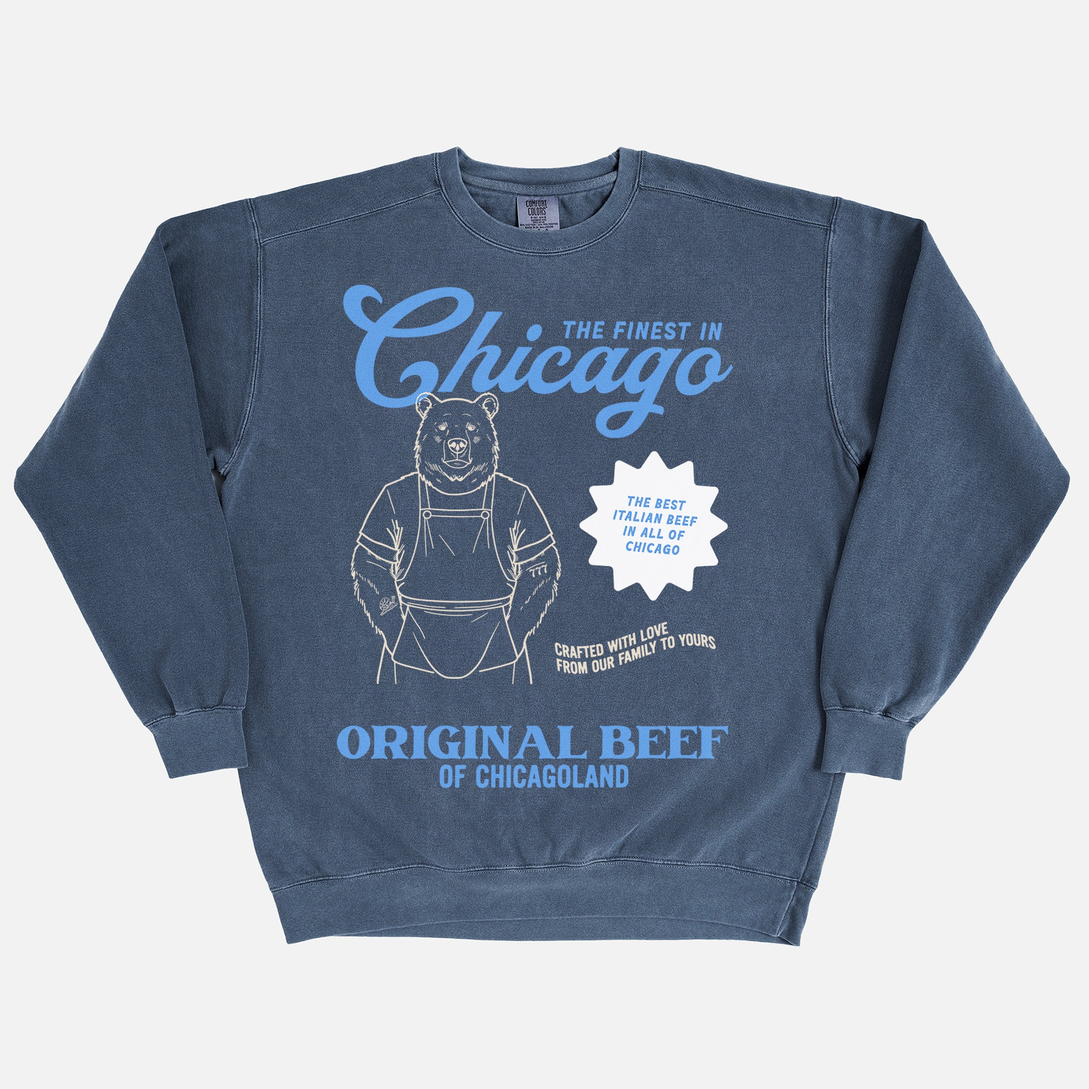 Retro Original Beef of Chicagoland faded navy comfort colors sweatshrit for fans of The Bear with Jeremy Allen White tattoos and vintage restaurant graphic