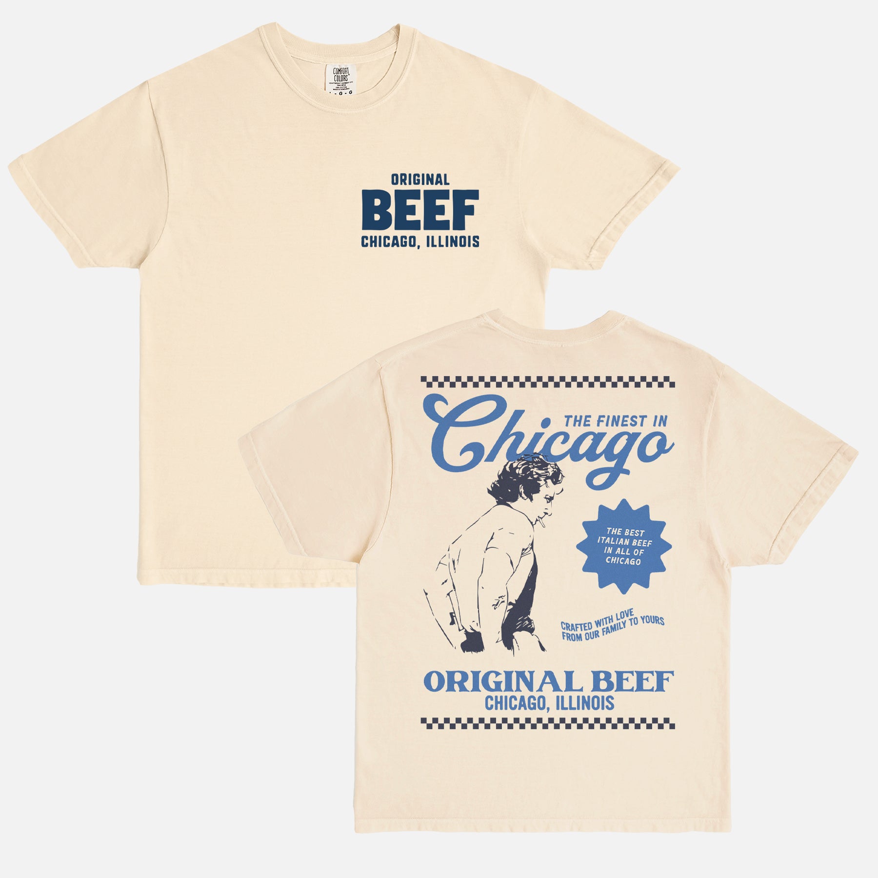 Beige off white The Bear TV show t-shirt with original beef logo and carmi with retro restaurant ad and front and back print