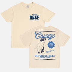 Beige off white The Bear TV show t-shirt with original beef logo and carmi with retro restaurant ad and front and back print