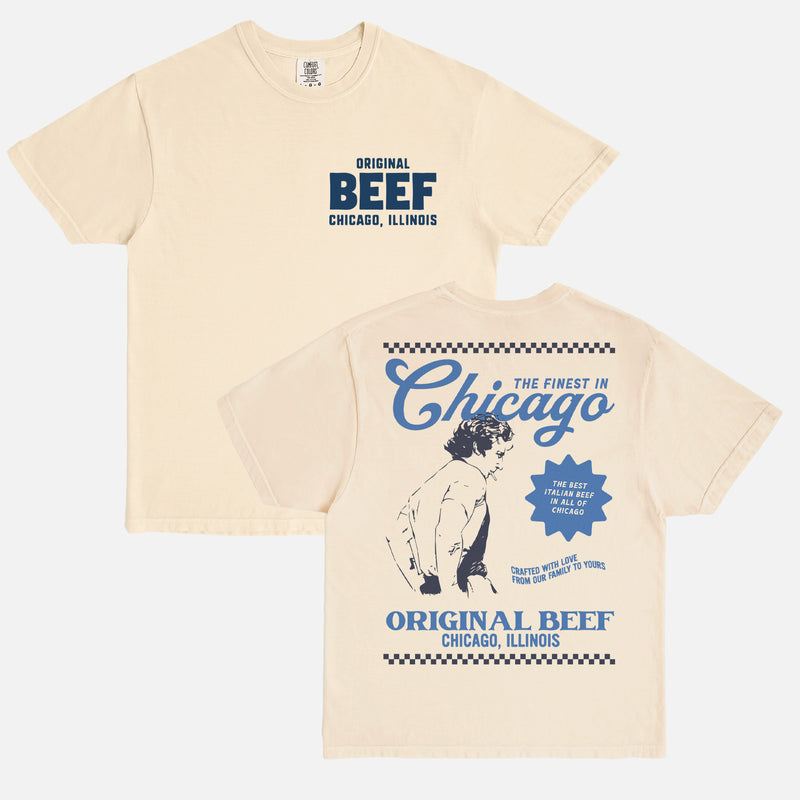 Beige off white The Bear TV show t-shirt with original beef logo and carmi with retro restaurant ad and front and back print
