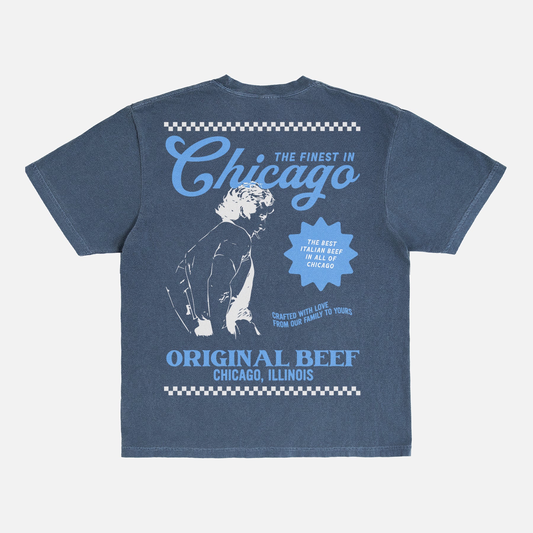 Washed navy The Bear TV show t-shirt with original beef logo and carmi with retro restaurant ad and front and back print