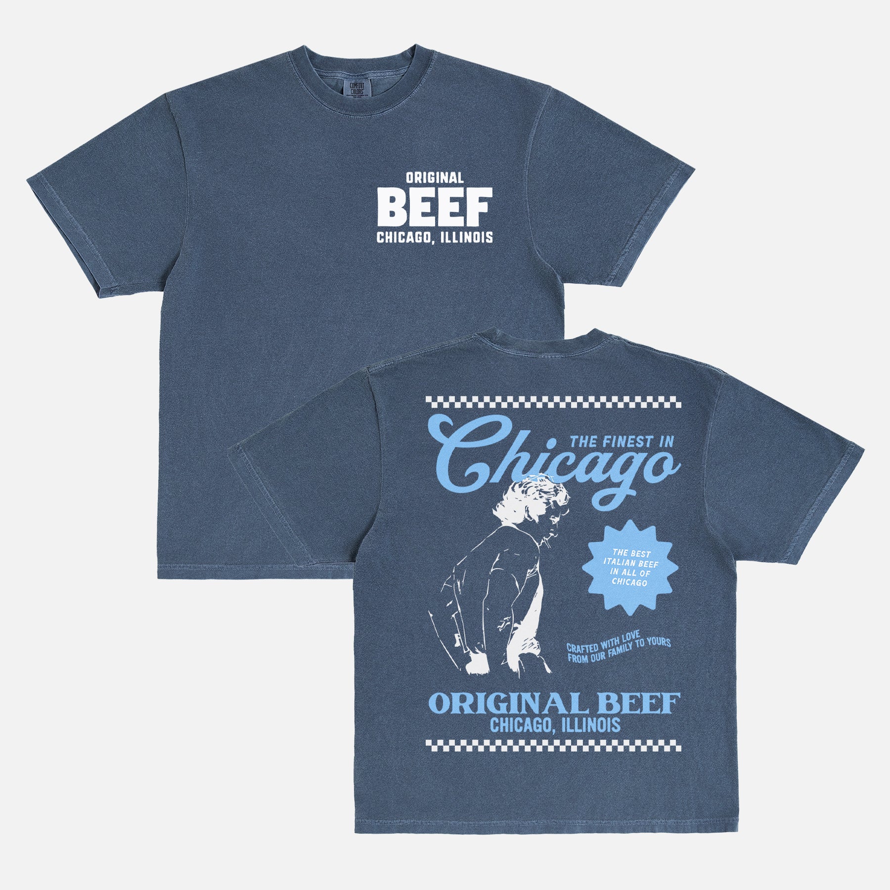 Faded navy comfort colors The Bear TV show t-shirt with original beef logo and carmi with retro restaurant ad and front and back print
