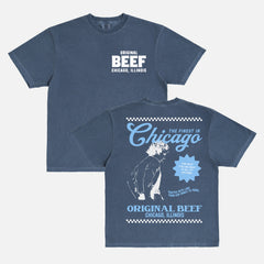 Faded navy comfort colors The Bear TV show t-shirt with original beef logo and carmi with retro restaurant ad and front and back print