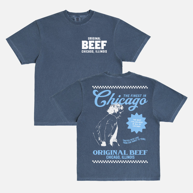 Faded navy comfort colors The Bear TV show t-shirt with original beef logo and carmi with retro restaurant ad and front and back print