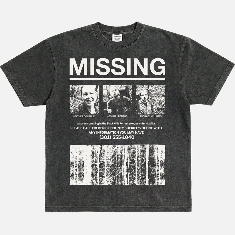 Blair Witch Project Missing T-Shirt grunge heavyweight washed black and white 90s horror movie graphic tee