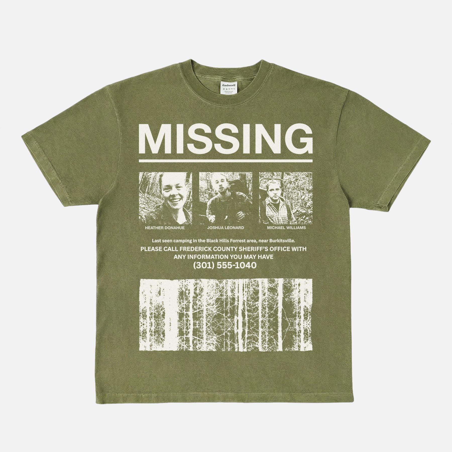 Blair Witch Project Missing T-Shirt grunge heavyweight washed green and white 90s horror movie graphic tee