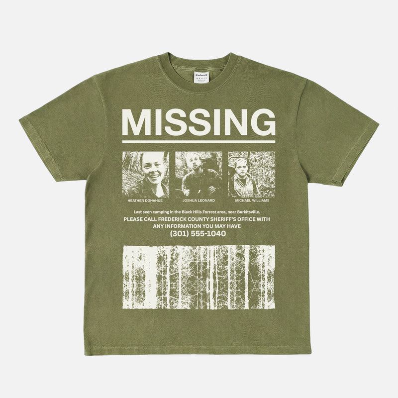 Blair Witch Project Missing T-Shirt grunge heavyweight washed green and white 90s horror movie graphic tee