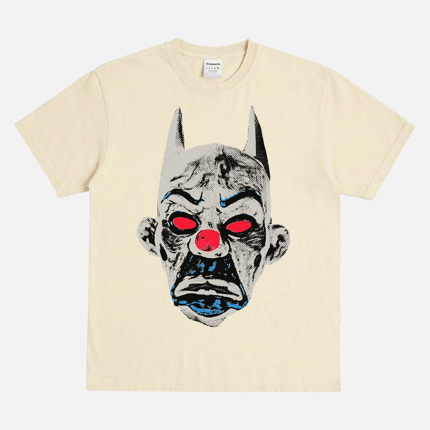 The Dark Knight movie streetwear t-shirt, distressed batman joker portrait graphic tee in off white cream