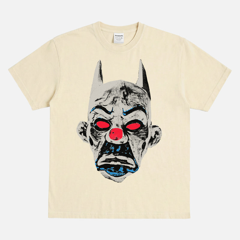 The Dark Knight movie streetwear t-shirt, distressed batman joker portrait graphic tee in off white cream